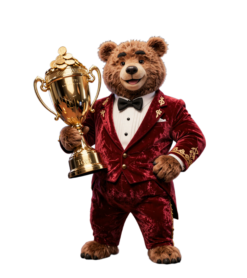 Total Casino Maskottchen Totti im roten Samtanzug mit goldenem Siegerpokal und Echtgeld Gewinn